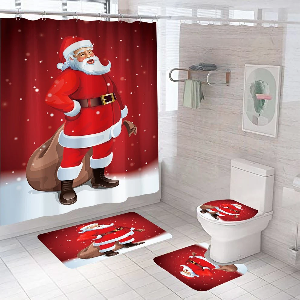 Christmas Printed Shower Curtains for Bathroom with Anti-Slip Mat Carpet